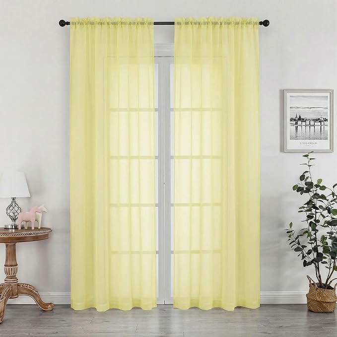 OWENIE Sheer Curtains 84 inches Long 2 Panels Set for Living Room/Bedroom, Rod Pocket Voile Sheer Panel Drapes, Airy Soft Fabric Window Treatments, 2pcs, Each 42" W x 84" L, Light Yellow