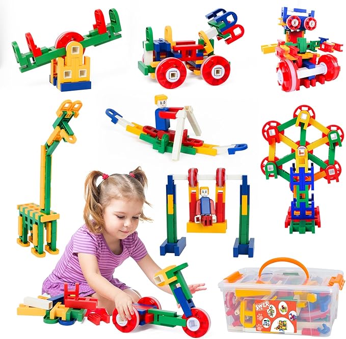 SWER 98Pcs 3D Building Block Toys, Creative Interlocking Connecting Kit, Multicolor STEM Interlocking Toy Set, Montessori Toys for Preschool Kids, Building Toys for Kids Ages 3+, Ideal