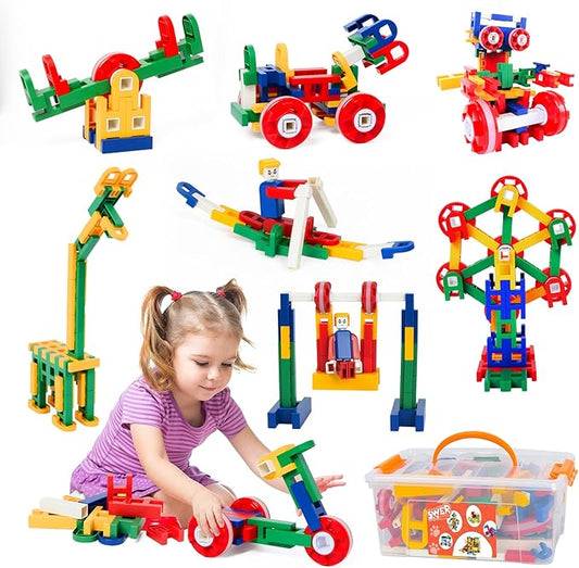 SWER 98Pcs 3D Building Block Toys, Creative Interlocking Connecting Kit, Multicolor STEM Interlocking Toy Set, Montessori Toys for Preschool Kids, Building Toys for Kids Ages 3+, Ideal