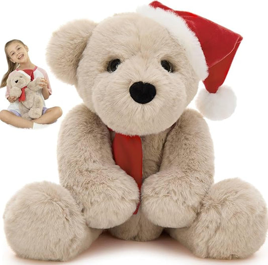 MorisMos Teddy Bear Stuffed Animal, 14'' Christmas Teddy Bear 2025 with Santa Hat & Scarf, 180° Joints Posed Plush Toy, Soft Stuffed Christmas Toys for Kid Girl Boy Max Decoration Birthday Gift, Brown