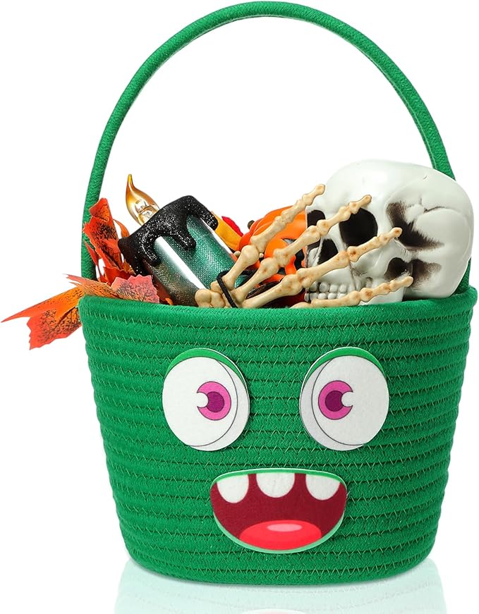 Halloween Basket with Handle Cute Bucket Cotton Rope Woven Candy Bag Pumpkin Witch Cat Pig Storage Basket for Halloween Party Favor(Green,Monsters)