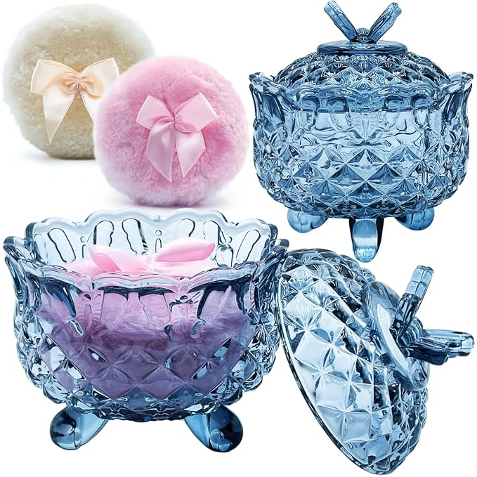 4" Crystal Glass Body Powder Puff Container with 2 Fluffy Puffs,Cute 3.5" Soft Dusting Powder Puff and Jar Set(Butterfly-gray blue)