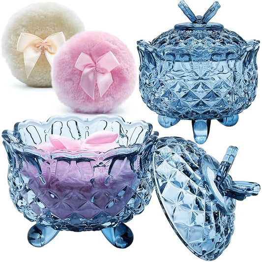 4" Crystal Glass Body Powder Puff Container with 2 Fluffy Puffs,Cute 3.5" Soft Dusting Powder Puff and Jar Set(Butterfly-gray blue)