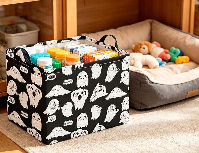 CLOCOR Rectangular Storage Basket Empty,Gift Basket,Waterproof Storage Bin with Handles,Room Decor(Black Ghost Halloween)