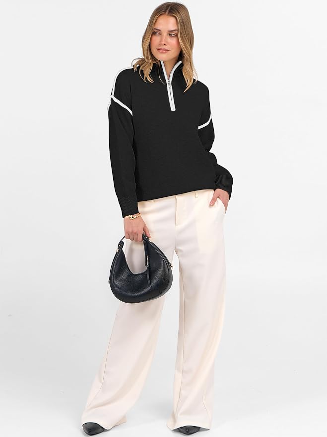 ANRABESS Womens Quarter Zip Sweaters Fall Long Sleeve V Neck Shirts Collared Business Casual Tops Knit Pullover Sweatshirts