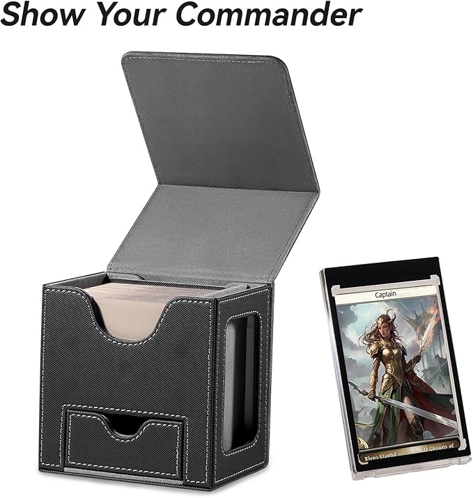 Mage Tech Card Deck Box for MTG Commander - Patented Design, Commander Display, Fits 100 Double-Sleeved Cards, 35pt Card Brick & Dice Tray - Black/Gray
