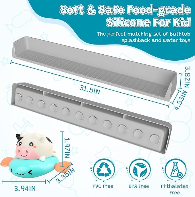 Longer 2.6 Ft Bathtub Splash Guard for Tub, Silicone Water Splash Guard with Strong Suction Cups & Toy, Bath Toy Holder, No Mess Water Spill in Bathroom for Toddlers Kids Baby
