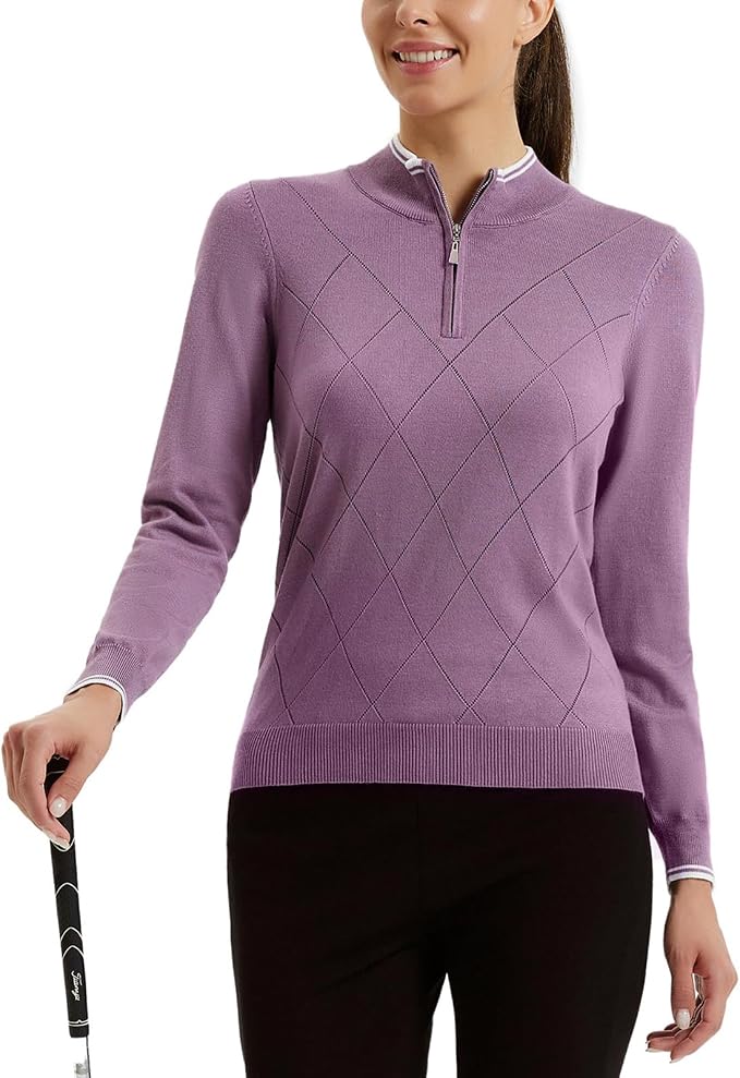 JACK SMITH Quarter Zip Pullover Sweaters for Womens, Rib Polo Sweater Tops | V Neck,Knit,Long Sleeve,Argyle,Open Pattern,Callar,Lightweight,Fashion,Golf Work Business Daily Wear Versatile Pullover Shirt