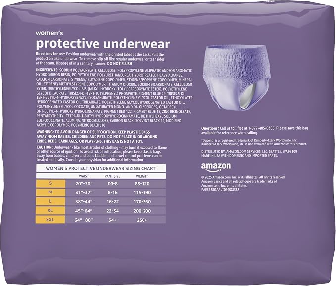 Amazon Basics Postpartum Incontinence Underwear for Women, Maximum Absorbency, Bladder Leak Protection, Soft, Disposable, Odor Control, Comfortable Fit, X-Large, Lavender, 48 Count (3 Packs of 16)