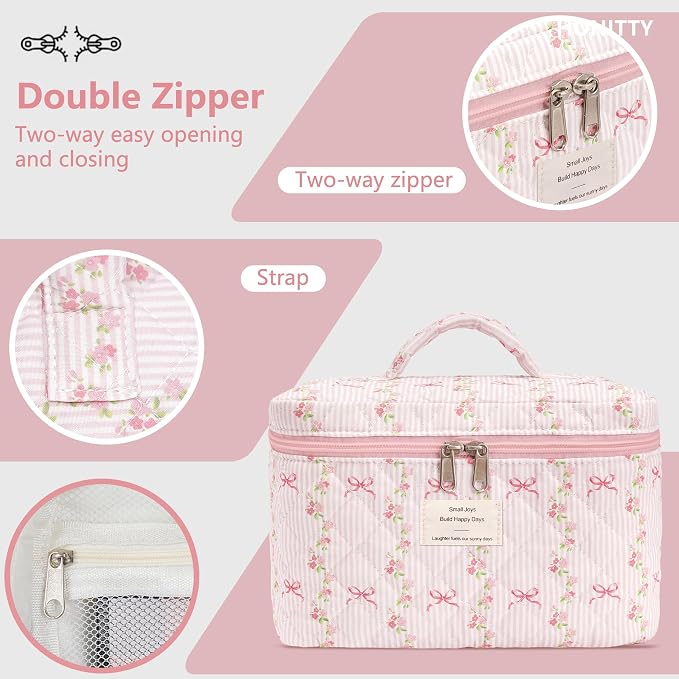 honitty Makeup Bag,Quilted Cosmetic Bags,Large Floral Make Up Organize bag,Makeup Bag Set for Women,Flower Travel Toiletry Bag