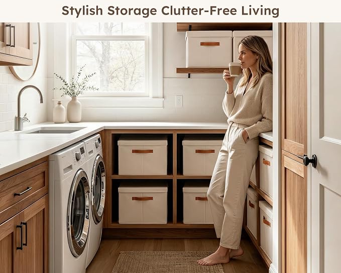 Storage Bins with Lids - Large Fabric Closet Bins with Lid, 5 Pack Clothes Organizers and Storage, Collapsible Stackable Cube Basket for Home, Office, Dorm, Beige
