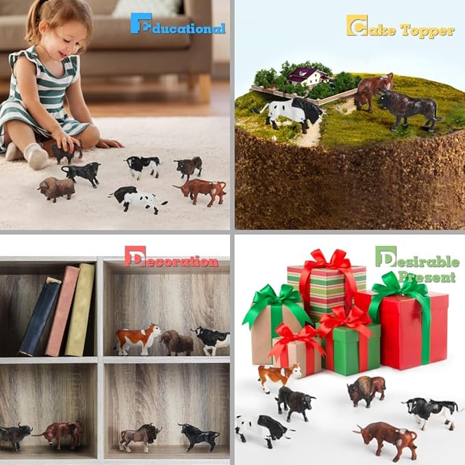Mini Tudou 12 Pcs Farm Toy Set，Multicolor Cow Animal Figurines Cool Cake Topper & Exhibits for Ages 3 4 5 Boys&Girls