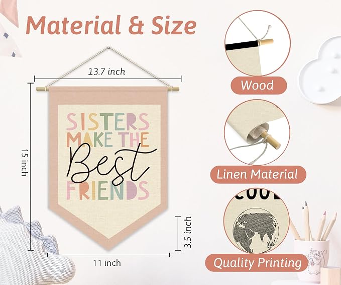 Girls Room Wall Art Decor,Toddler Girl Room Cute Pink Nursery Bedroom Playroom Canvas Banner Decorations,Sisters Make The Best Friends Wall Hanging Pennant Flag Banner for Little Girls Princess