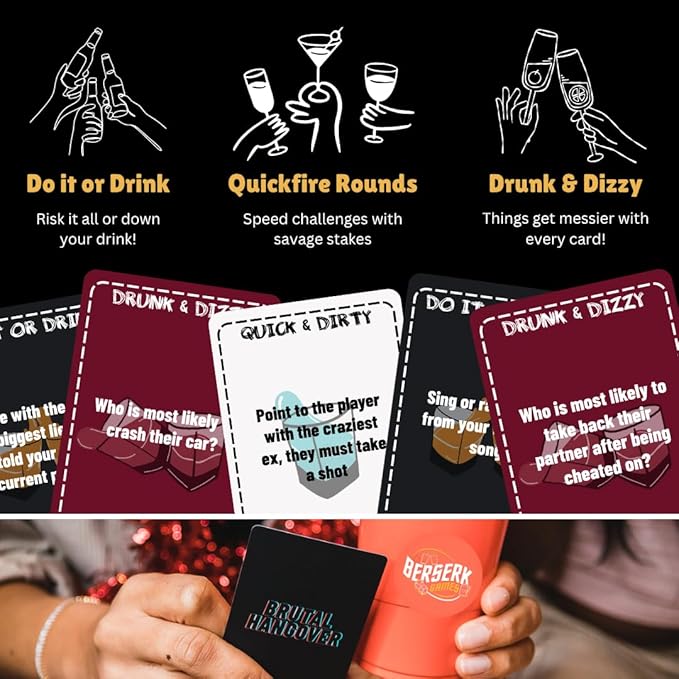Brutal Hangover - Drinking Game | 3 in 1 Party Card Game with Savage Dares & Wild Questions | Fun Games for Game Night, Pregame, Bachelorette Party | 21st Birthday