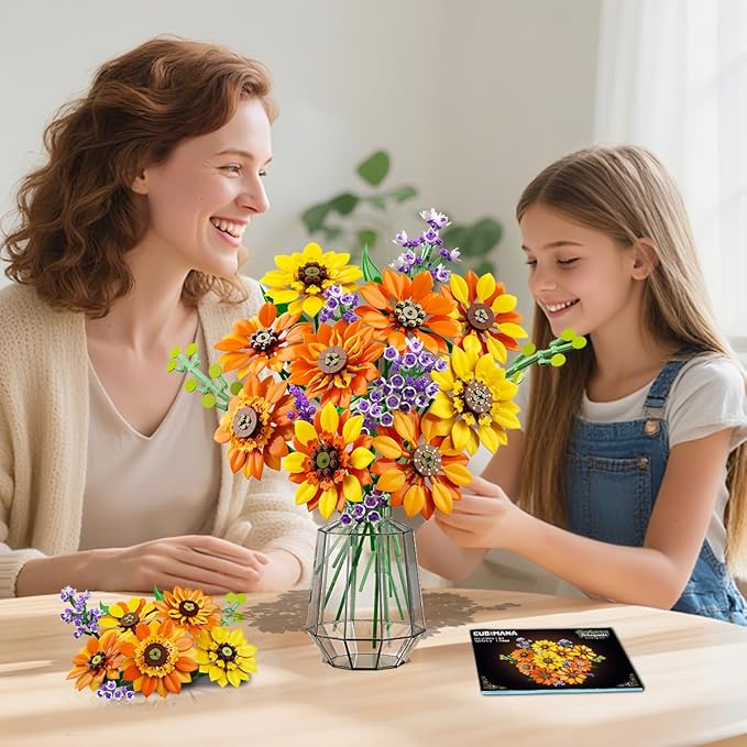 Flowers Sunflower Bouquet Building Set with Lights - 17 Flowers Botanical Collection Artificial Plant Sunflower Building Blocks Art Home Decor Surprise Gifts for Adults Women Girls (1011PCS)