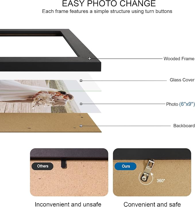 Hongkee 6x9 Picture Frame Set of 4, Made of Real Glass and Black Wooden Frame - 6 by 9 Photo for Wall or Tabletop Display