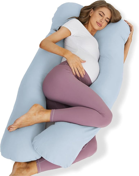ZZZhen Pregnancy Pillow for Sleeping, U Shaped Maternity Pillow - 56 Inch with Grey Microfiber Removable Cover, Multi- Use and Support Back, Hips, Legs, Belly for Pregnant Blue Women Sleeping