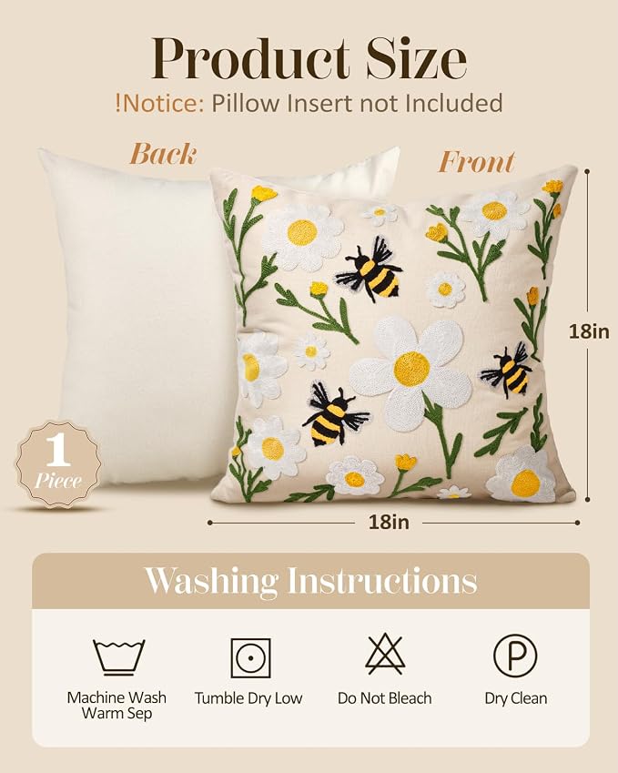 Embroidered Throw Pillow Cover 18x18 Inch, Flower Bee | Decorative Pillow Cover, Floral Farmhouse Cushion Case with Hidden Zipper, Home Decor for Couch, Sofa, Living Room, Bedroom