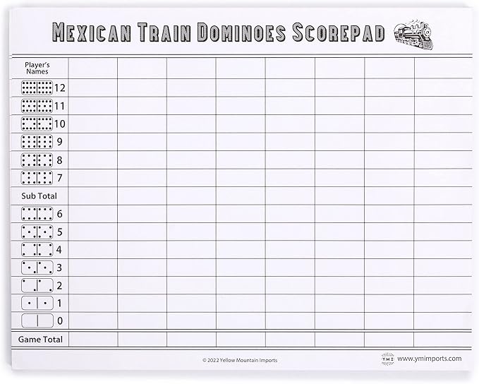 Yellow Mountain Imports Mexican Train Complete Set with Double 12 Number Dominoes, Wooden Hub, Die Cast Train Markers, and Scorepad