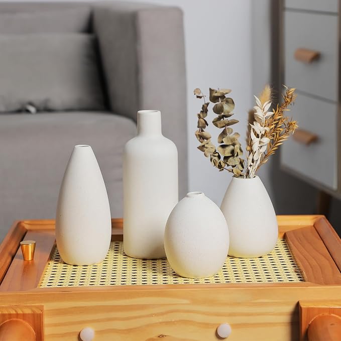CEMABT White Ceramic Vase Set - 4 Small Unique Flower Vases for Centerpieces, Modern Home Decor