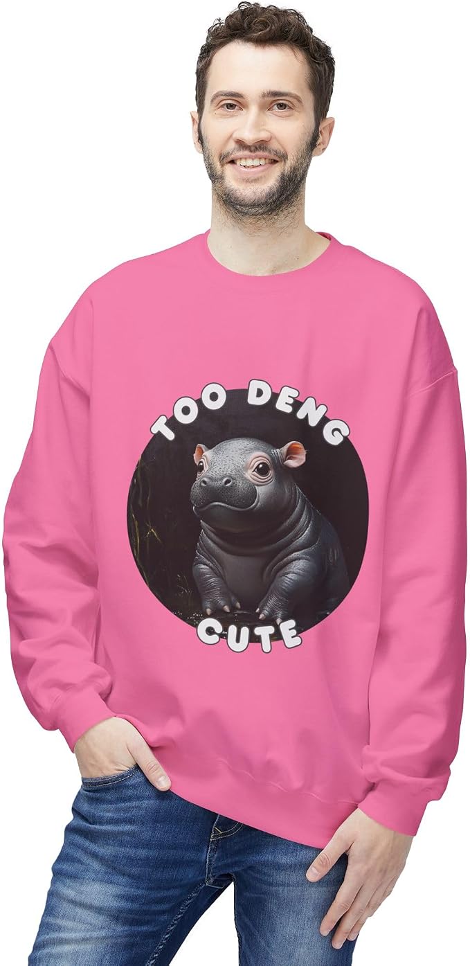 Unisex Fleece Crewneck Sweatshirt - Too Deng Cute Moo Deng Hippo, Cozy Cotton Blend, Classic Relaxed Fit