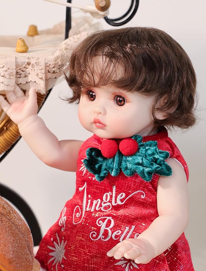 Baby Dolls, 18 Inch Realistic Reborn Full Vinyl Baby Doll with Brown Curly Hair, Hand-Painted Freckles & Cozy Red Outfit for Girls Ages 3+, Pretend Play, Display & Collection
