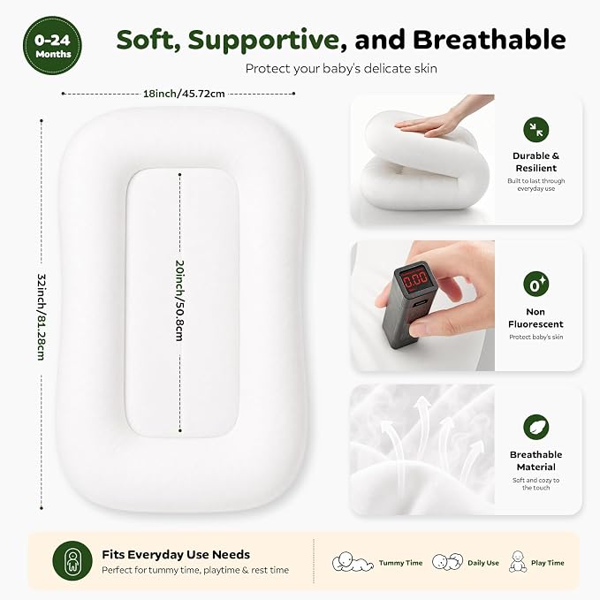 Baby Lounger for Newborns 0-24 Months, Soft Breathable Cotton Infant Support Cushion for Tummy Time & Play, Portable Infant Lounger, Baby Essentials for Newborn- Cloud White (Cover Included)