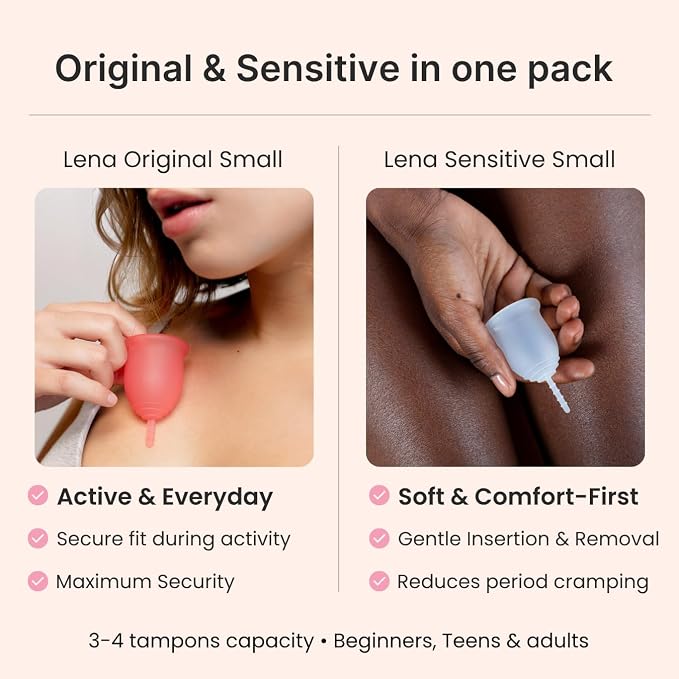 Lena Sensitive Menstrual Cups 2-Pack Ultra-Soft Set (Small & Large) Medical-Grade Silicone Period Cup for Women Heavy Flow, Reusable and Comfortable 12-Hour Leak-Free Protection (Original & Sensitive)