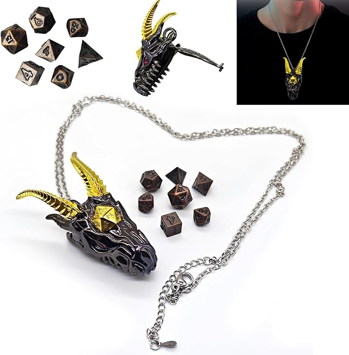 2025 Dragon Necklace for DND Dice Set, 7-in-1 Dragon Metallic D&D Dice with Gift Case for Dungeons and Dragon Game, RPG Role Playing Table Game Gifts (Gold)