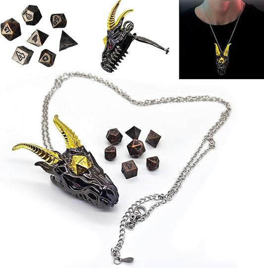 2025 Dragon Necklace for DND Dice Set, 7-in-1 Dragon Metallic D&D Dice with Gift Case for Dungeons and Dragon Game, RPG Role Playing Table Game Gifts (Black Gold)