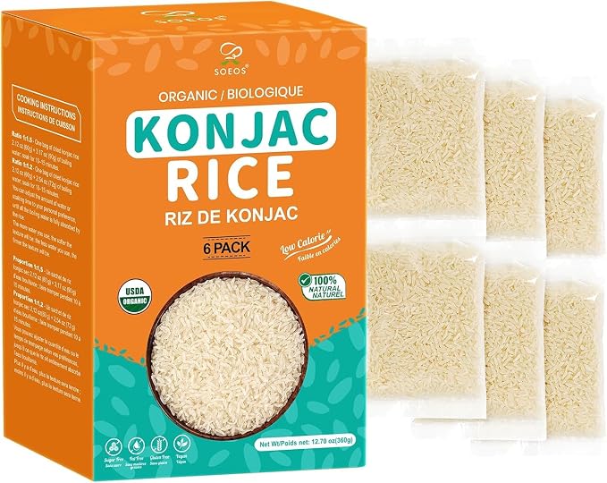 Soeos Organic Dried Konjac Rice, 6 Pack (60g Each), Plant-Based, Quick-Cooking Rice Alternative, Pantry Staple for Stir-Fries, Soups & More