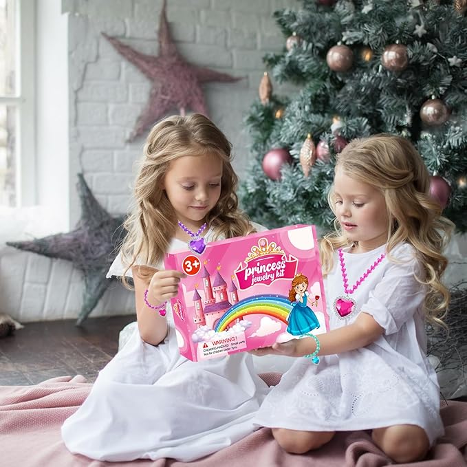 Princess Jewelry Set for Girls with Colorful Necklace Bracelets Rings Earrings Birthday Gifts Party Favors Pretend Play Dress up Costume Friendship Jewelry for Toddler Girls (Heart)