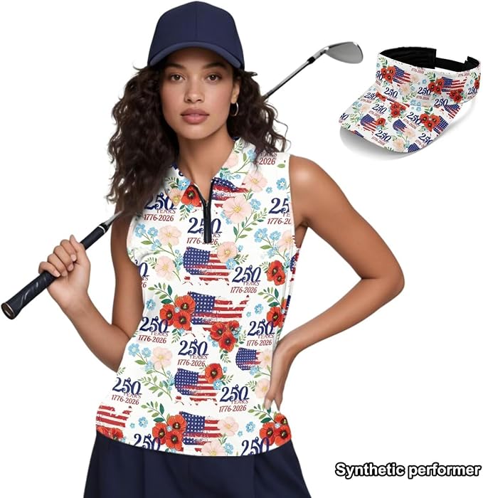 POLERO Golf Tank Top Women Golf Shirts and Visor Hat Collared Racerback Tennis Shirt Set Quarter Zip