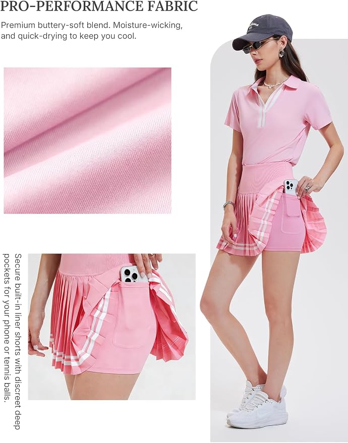 Women 2 Piece Tennis Skirt Set Pleated Golf Outfit, Polo V-Neck Athletic Dress Alternative Skort Set for Pickleball Pockets