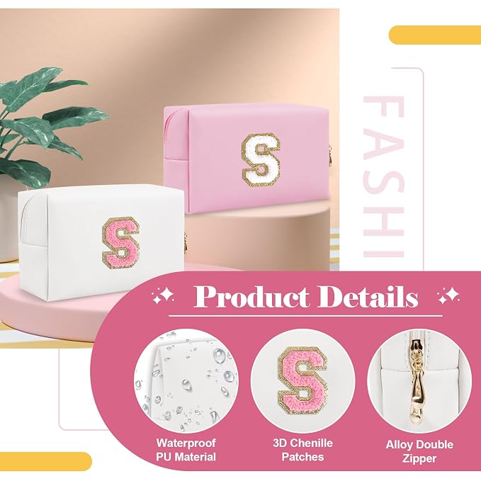 Personalized Makeup Bag Initial A-Z Preppy Patch Bag,Small PU Leather Travel Cosmetic Bag Pouch with Zipper,White Cute Toiletry Bag,Gift Ideal for Teen Girls Women Birthday Friend Mom,Letter S