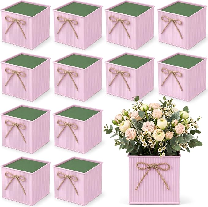 12 Pack Galvanized Square Vases with Floral Foam, 3.5 inch Waterproof Rustic Tin Buckets with Twine Bows, Mini Farmhouse Metal Planter Centerpieces for Wedding Party Table Decor(Pink)