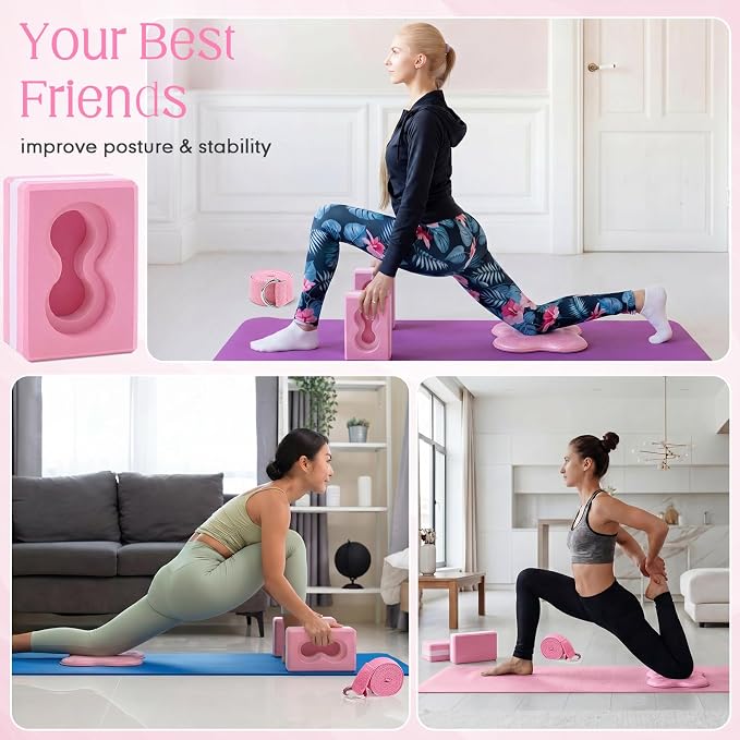 Yoga Blocks 2 Pack for Wrist Relief Yoga Blocks Wrist Support Set with Knee Pads and Strap Improve Comfort and Grip, Nonslip EVA Foam Pilates Exercise Balance Stretching Accessories Meditation