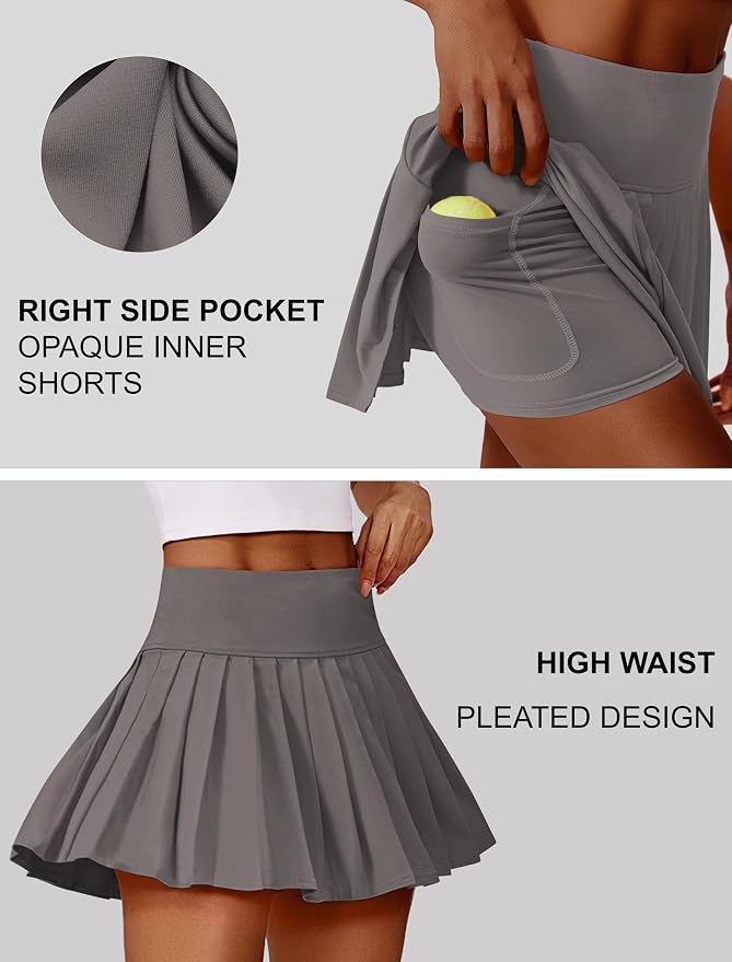 PINSPARK Pleated Tennis Skirts Mini Athletic Golf Skorts with Pocket | 14", High Waist, Lightweight, Quick Dry, Stretchy, Inner Shorts, Sun Protection, Pickleball, Casual, for Women