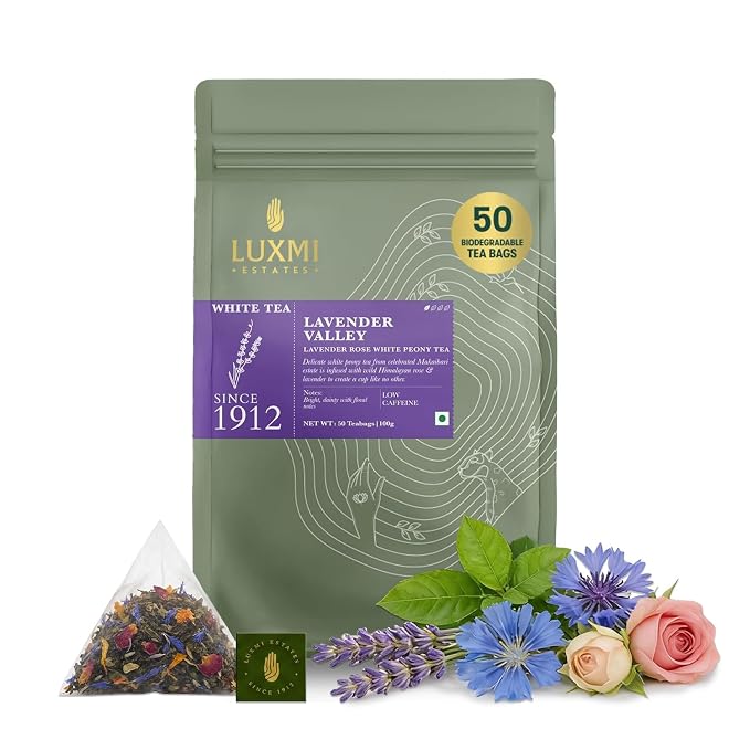 Luxmi Estates Lavender Valley Organic Lavender Tea (50 Tea Bags) Low Caffeine Tea Bags For Relaxing, Calming, and Stress Relief, With Certified Organic Darjeeling Makaibari White Tea