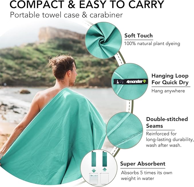 4Monster Quick Dry Travel Towel with Case & Carabiner – Super Absorbent Microfiber Gym & Camping Towel. Compact, Lightweight, Fast Drying for Beach, Swimming, Hiking, Backpacking