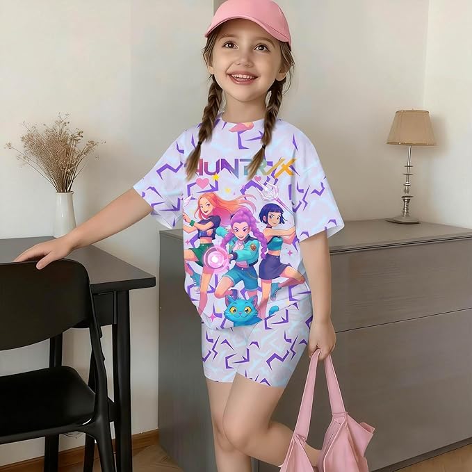 K-POP DEM0N Hunters Outfits for Girls, 2 Piece T-Shirts and Apparel Sets Birthday Gift