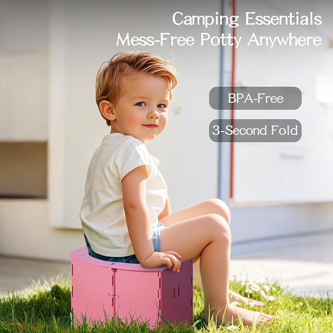 Portable Potty Seat for Toddler Foldable Travel Potty Training Toilet Seat with Cleaning Bags Reusable for Outdoor Camping, Travel, Kids Toddler Travel Potty Seat (Pink)