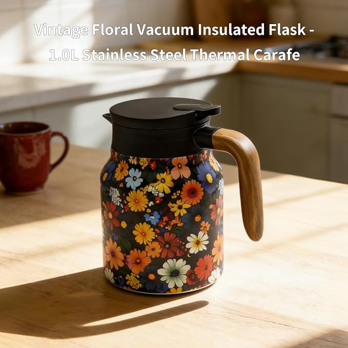 35 OZ Vintage Floral Tea Pot with Infuser, Insulated Stainless Steel Tea Kettle, 12 Hour Hot/Cold Retention, Tea-Water Separation Loose Leaf Tea Steeper for Hot Drinks (Daisy)