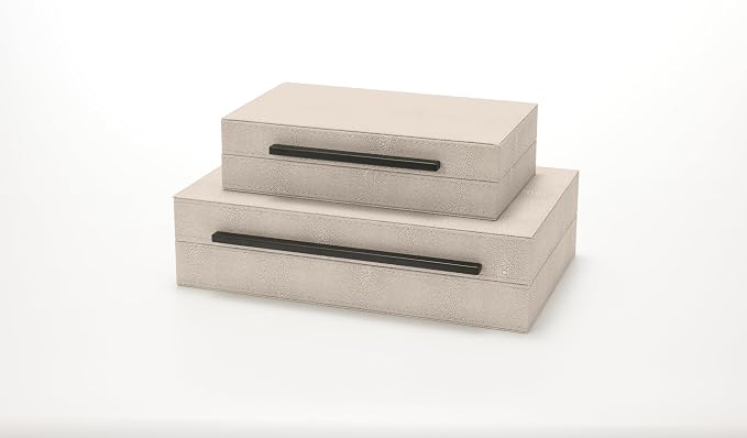 Sagala Set of 2 Ivory Shagreen Decorative Boxes With Black Metal Handles, Faux Leather Jewelry Boxes Modern Storage Boxes Photo Boxes Memory Boxes Home Organizer Box(Ivory)