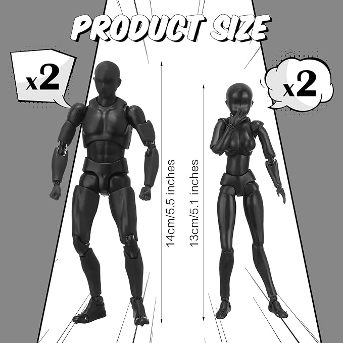 Meooeck 4 Sets Action Figures PVC Body Artists Model posable Drawing Mannequin for Painting, Sketching, Collection Gifts, Home Office Desk Decoration(Black)