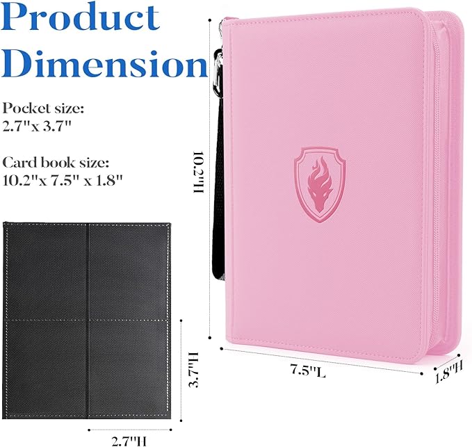 Fabmaker Premium 4 Pocket Zip Card Binder, Trading Card Binder for 320 Cards, Portable PU Card Collection Binder, Collector Card Album Folder for Game & Sports Cards (Pink)