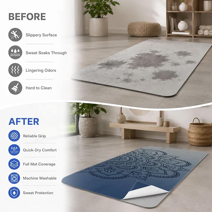 Yoga Mat Towel, Hot Yoga Non Slip with 4 Corner Pockets, 70 x 26 in | Soft Absorbent Microfiber With Four Corner Pockets, Fits Over Yoga Mats For Hot Yoga, Pilates, Gym, And Travel