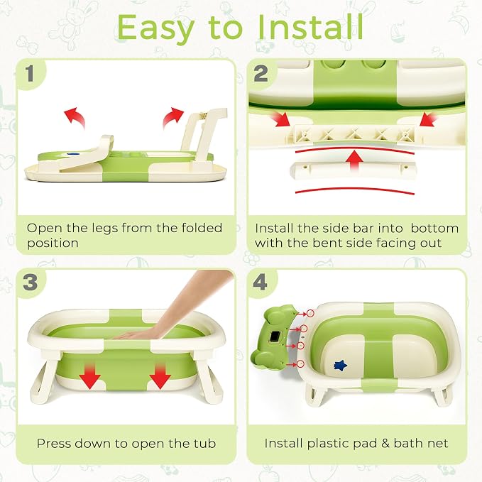 BUNWAG Baby Bathtub, Collapsible Newborn Bathtub for Infant to Toddler with Soft Cushion and Thermometer,Portable Travel Newborn Tub with No-Slip Feet, Baby Shower Gifts, 0-12 Months Baby Bath, Green