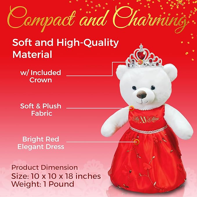 Quinceañera Teddy Bear 18-inches Tall with Dress for 15th Birthday, Quince Bear with Matching Crown, Ideal Keepsake for 15th Birthday, Mis XV Años - Red