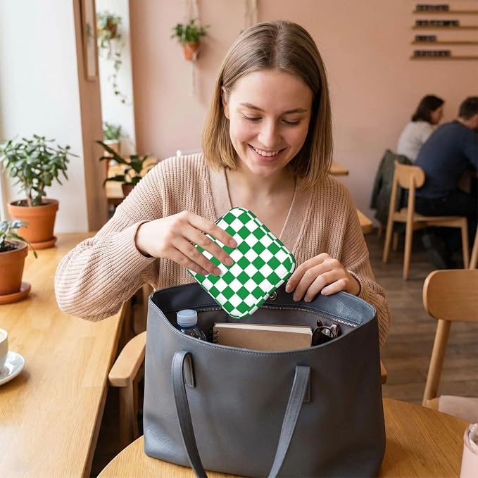Green And White Checkered Checkerboard Square Grid Chess Board Chessboard Period Bag For Women,Portable Sanitary Napkin Period Pad Pouch For Purse, Small Make Up Bags